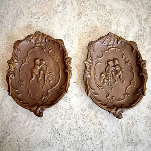 Lot of 2 Vintage 70s Womens Brown Midcentury Ceramic Carved Wall Plaque Decor Sm